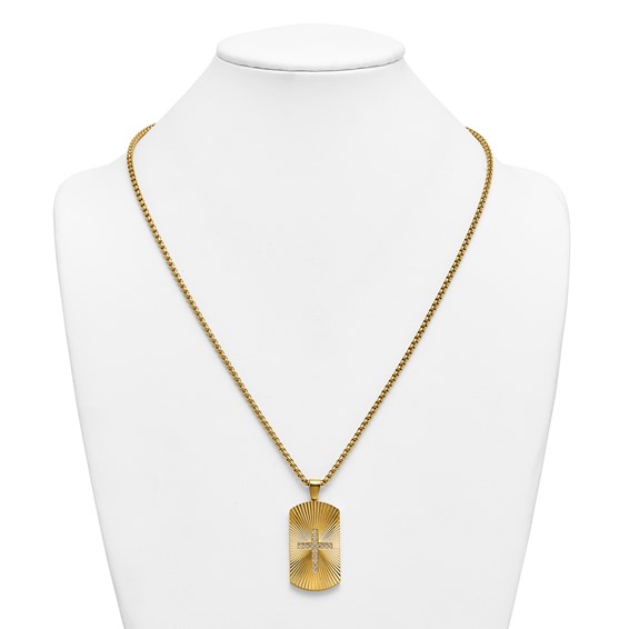 StainlessSteel Brushed/Polished/Textured Yellow IP CZ Cross DogTag Necklace