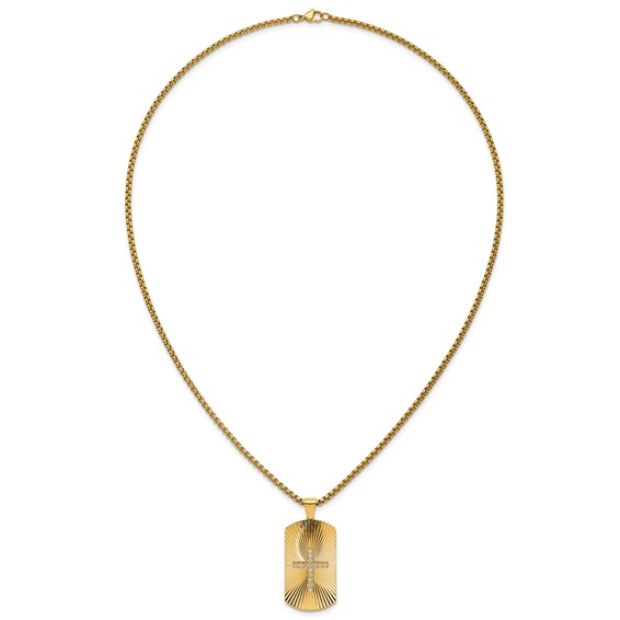 StainlessSteel Brushed/Polished/Textured Yellow IP CZ Cross DogTag Necklace