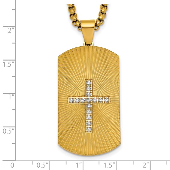 StainlessSteel Brushed/Polished/Textured Yellow IP CZ Cross DogTag Necklace