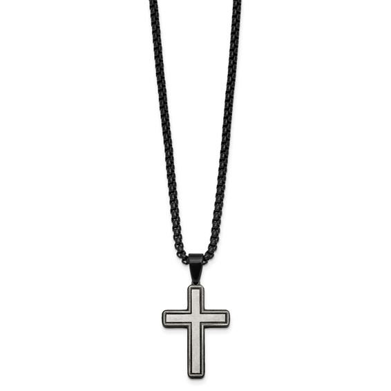 Stainless Steel Brushed and Polished Black IP-plated Cross 24in Necklace