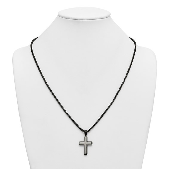 Stainless Steel Brushed and Polished Black IP-plated Cross 24in Necklace