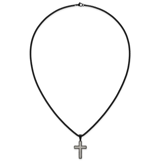 Stainless Steel Brushed and Polished Black IP-plated Cross 24in Necklace