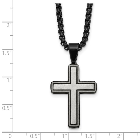 Stainless Steel Brushed and Polished Black IP-plated Cross 24in Necklace