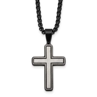 Stainless Steel Brushed and Polished Black IP-plated Cross 24in Necklace