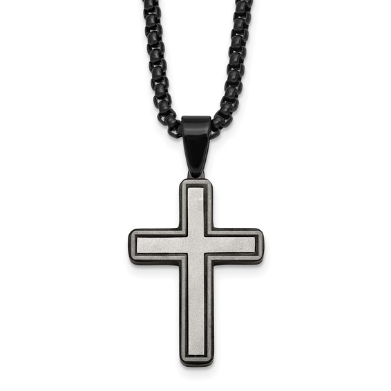 Stainless Steel Brushed and Polished Black IP-plated Cross 24in Necklace