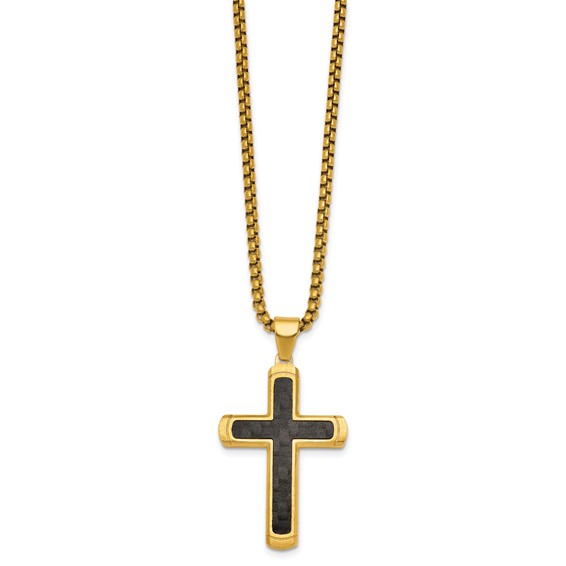 StainlessSteel Brushed/Polished Yellow IP CarbonFiber Inlay Cross Necklace