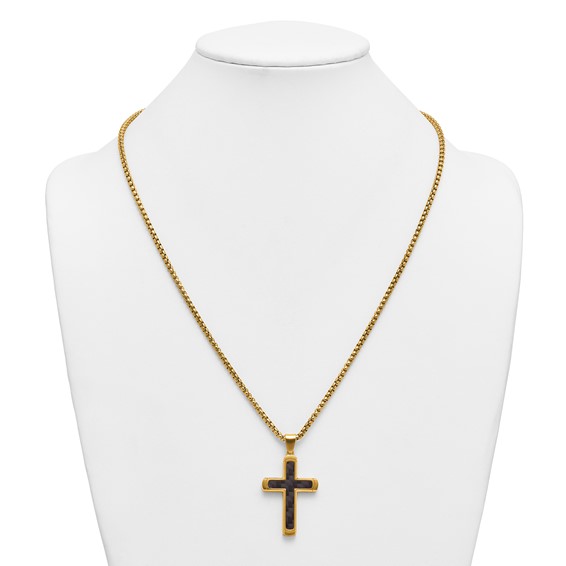 StainlessSteel Brushed/Polished Yellow IP CarbonFiber Inlay Cross Necklace