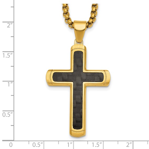 StainlessSteel Brushed/Polished Yellow IP CarbonFiber Inlay Cross Necklace