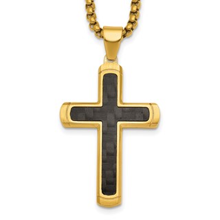 StainlessSteel Brushed/Polished Yellow IP CarbonFiber Inlay Cross Necklace