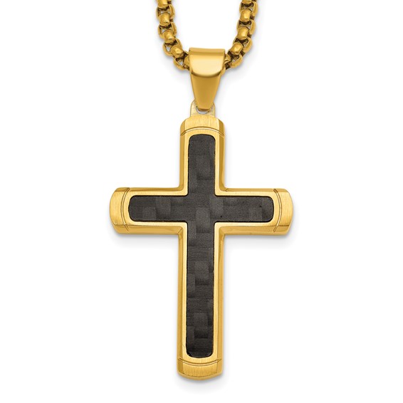 StainlessSteel Brushed/Polished Yellow IP CarbonFiber Inlay Cross Necklace