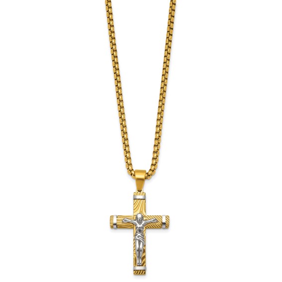 StainlessSteel Brushed & Polished Yellow IP Textured Crucifix 24in Necklace
