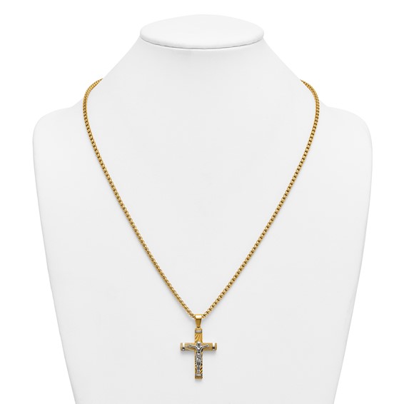 StainlessSteel Brushed & Polished Yellow IP Textured Crucifix 24in Necklace