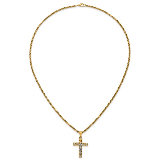 StainlessSteel Brushed & Polished Yellow IP Textured Crucifix 24in Necklace