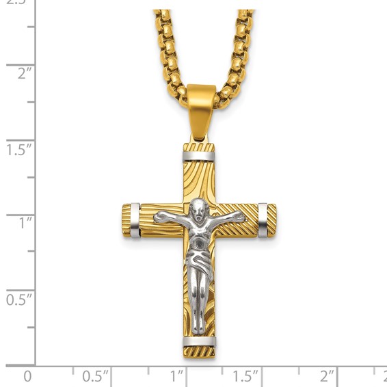 StainlessSteel Brushed & Polished Yellow IP Textured Crucifix 24in Necklace