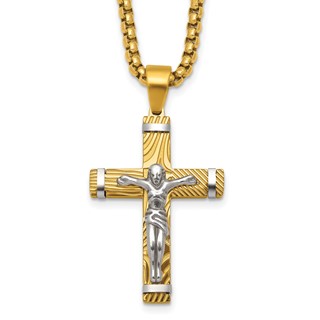 StainlessSteel Brushed & Polished Yellow IP Textured Crucifix 24in Necklace