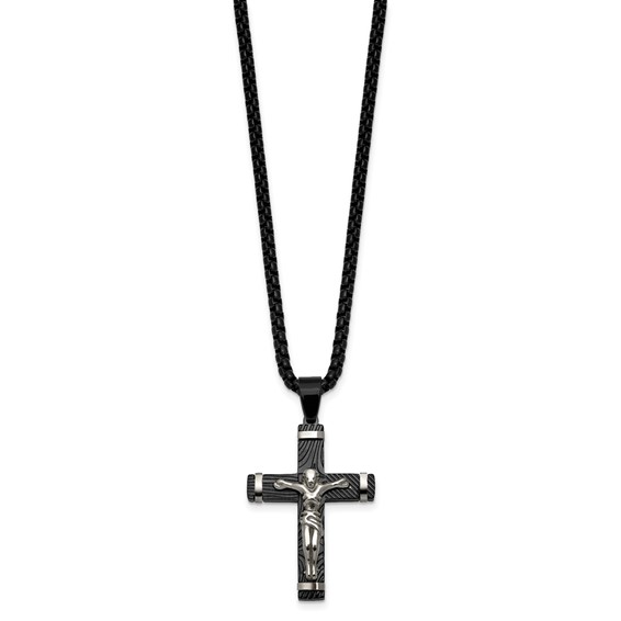 Stainless Steel Polished Black IP-plated Textured Crucifix 24in Necklace