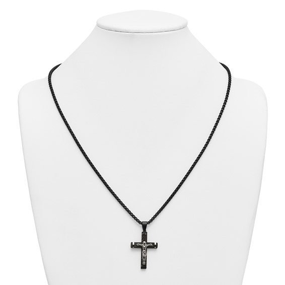 Stainless Steel Polished Black IP-plated Textured Crucifix 24in Necklace
