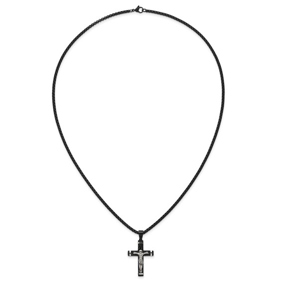 Stainless Steel Polished Black IP-plated Textured Crucifix 24in Necklace