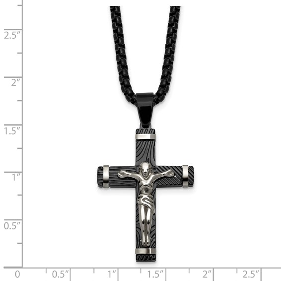 Stainless Steel Polished Black IP-plated Textured Crucifix 24in Necklace