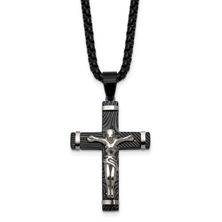 Stainless Steel Polished Black IP-plated Textured Crucifix 24in Necklace
