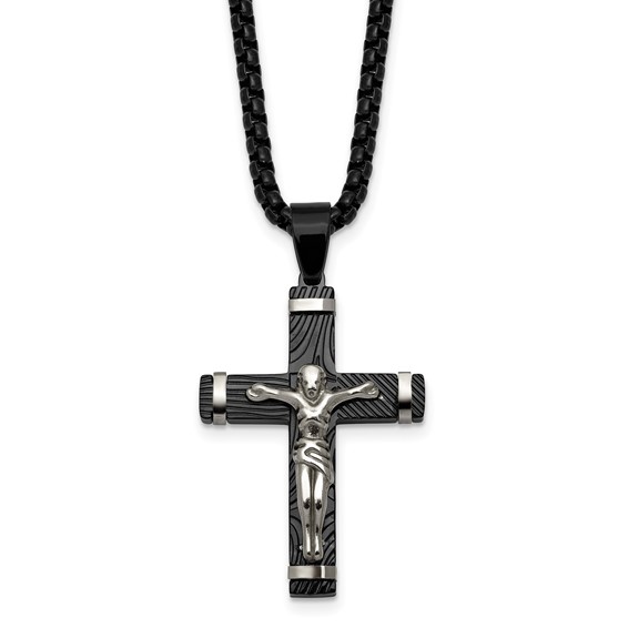 Stainless Steel Polished Black IP-plated Textured Crucifix 24in Necklace