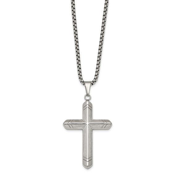 Stainless Steel  Polished and Textured Cross 24in Necklace