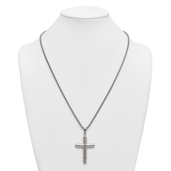 Stainless Steel  Polished and Textured Cross 24in Necklace