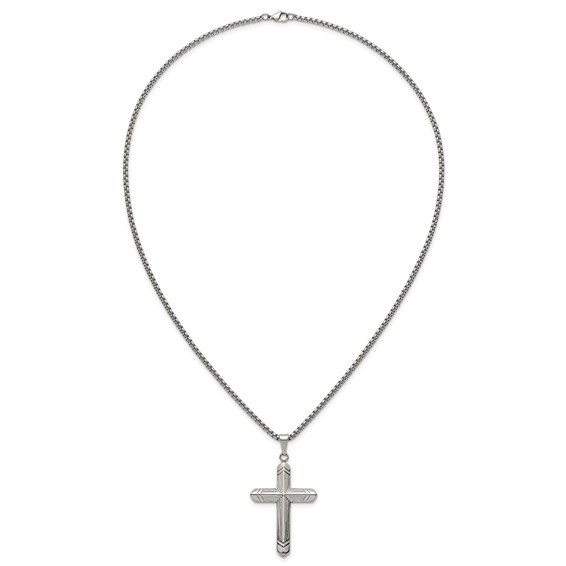 Stainless Steel  Polished and Textured Cross 24in Necklace