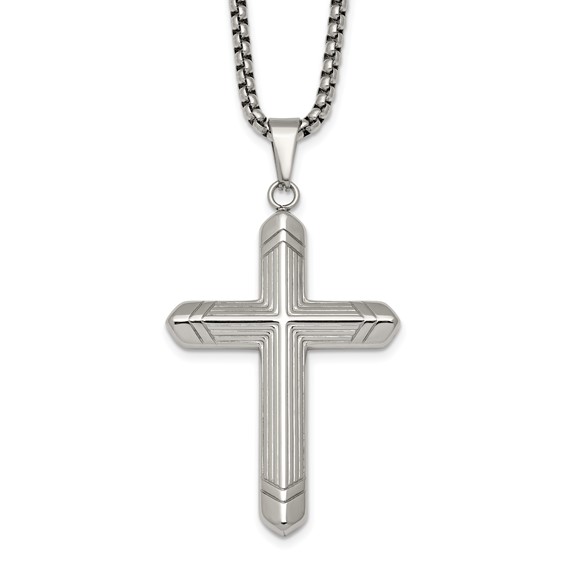 Stainless Steel  Polished and Textured Cross 24in Necklace