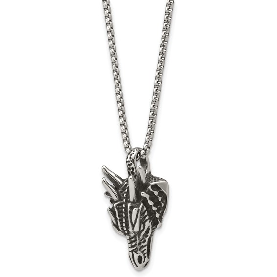 Stainless Steel Antiqued and Polished Dragon Head 24in Necklace