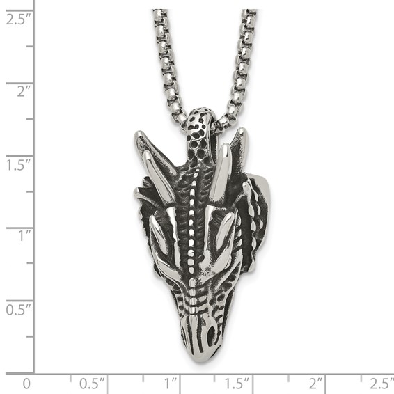 Stainless Steel Antiqued and Polished Dragon Head 24in Necklace