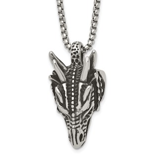 Stainless Steel Antiqued and Polished Dragon Head 24in Necklace