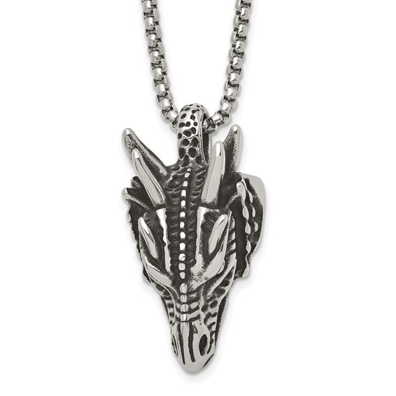 Stainless Steel Antiqued and Polished Dragon Head 24in Necklace