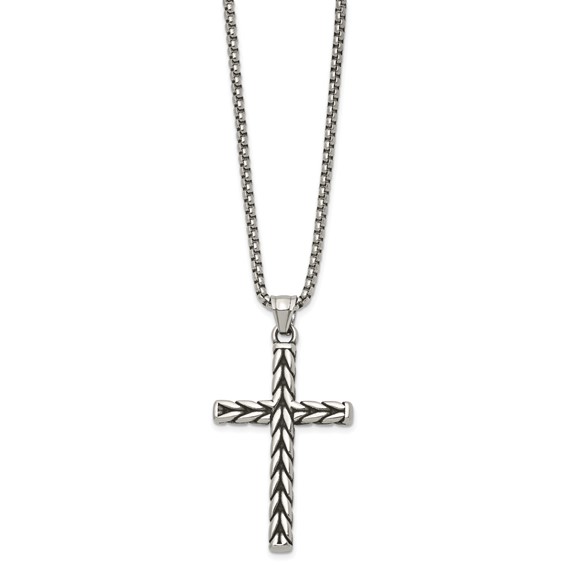 Stainless Steel Antiqued and Polished Braided Cross 24in Necklace