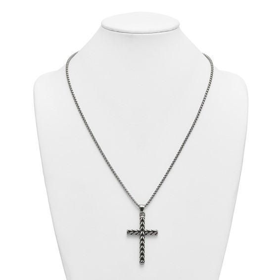 Stainless Steel Antiqued and Polished Braided Cross 24in Necklace