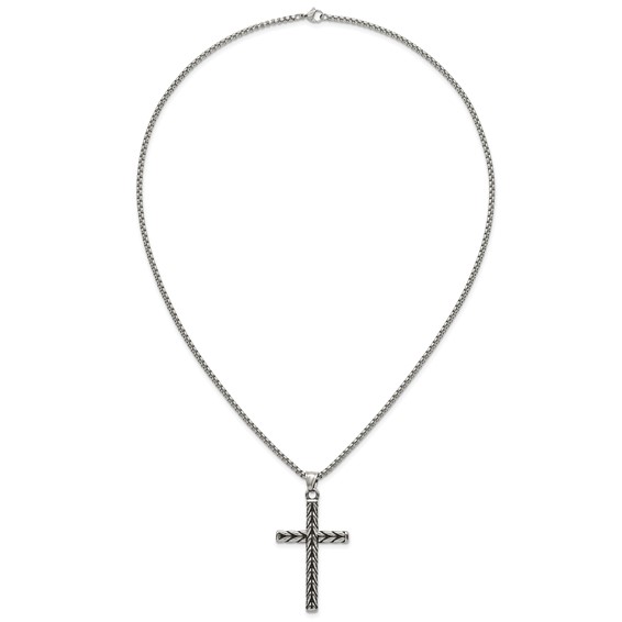 Stainless Steel Antiqued and Polished Braided Cross 24in Necklace