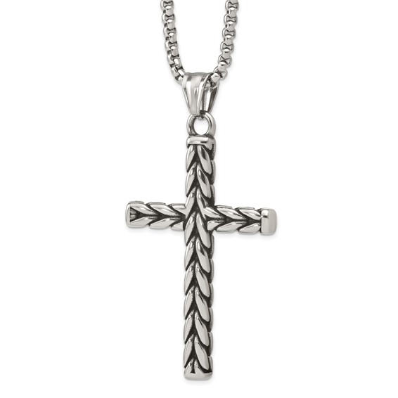 Stainless Steel Antiqued and Polished Braided Cross 24in Necklace