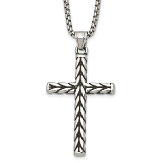 Stainless Steel Antiqued and Polished Braided Cross 24in Necklace