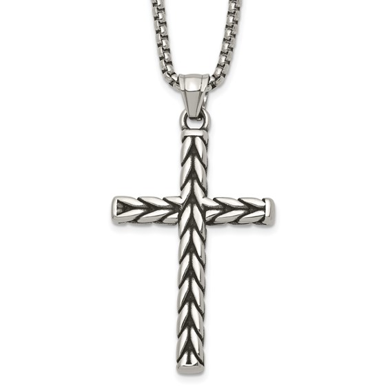 Stainless Steel Antiqued and Polished Braided Cross 24in Necklace