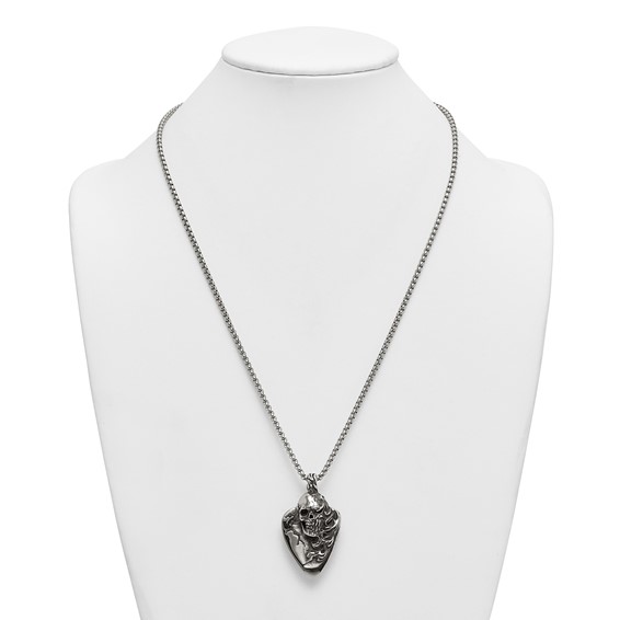Stainless Steel Antiqued and Polished Skull on Guitar Pick 24in Necklace