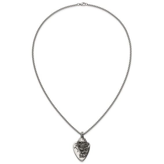 Stainless Steel Antiqued and Polished Skull on Guitar Pick 24in Necklace