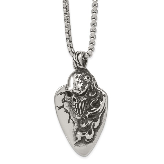Stainless Steel Antiqued and Polished Skull on Guitar Pick 24in Necklace
