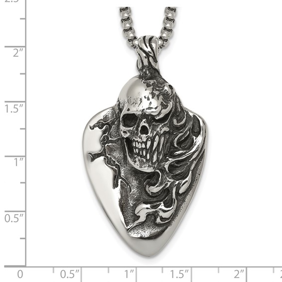 Stainless Steel Antiqued and Polished Skull on Guitar Pick 24in Necklace