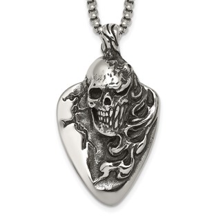 Stainless Steel Antiqued and Polished Skull on Guitar Pick 24in Necklace