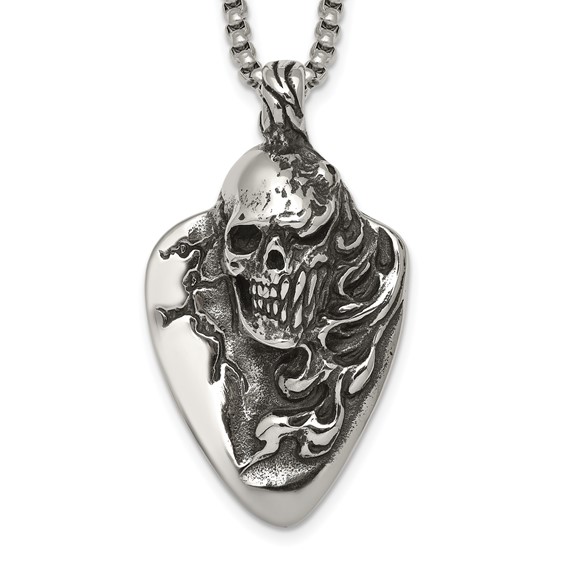 Stainless Steel Antiqued and Polished Skull on Guitar Pick 24in Necklace