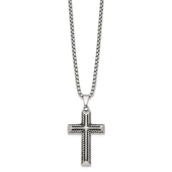 Stainless Steel Antiqued and Polished Cross 24in Necklace