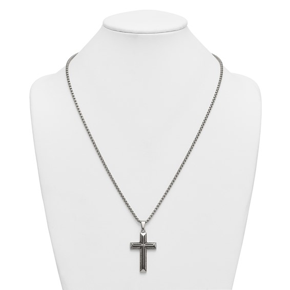 Stainless Steel Antiqued and Polished Cross 24in Necklace