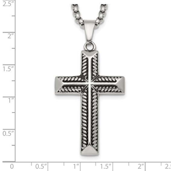 Stainless Steel Antiqued and Polished Cross 24in Necklace