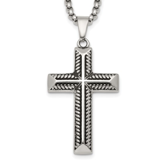 Stainless Steel Antiqued and Polished Cross 24in Necklace