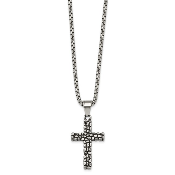 Stainless Steel Antiqued and Polished Textured Cross 24in Necklace